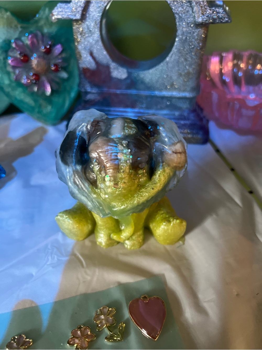 Unique Yellow Green Resin Figurine with Iridescent Accents